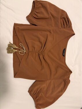 SHEIN Brown Puff Sleeve Cropped Top with Tassel Tie Size M - Used